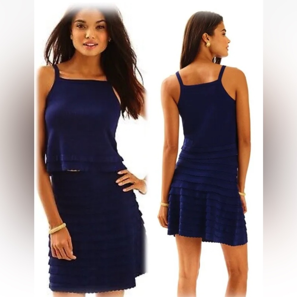 248.00 NWT LILLY PULITZER OLIVE SKIRT SET TRUE NAVY XL SCALLOPED TWO PIECE